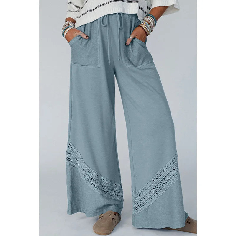 Bohemian Hippie Wide-Leg Pants | High Waist Cotton Blend Lace-Up Casual Loose Fit | Full Length | S–XL