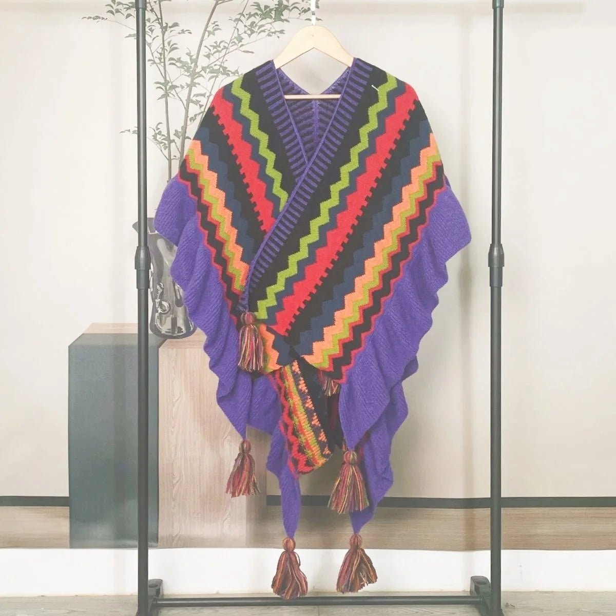 Bohemian Hippie Rainbow Knit Poncho Cape | Women's Oversized Tassel Shawl | One Size | Autumn/Winter Wraptop
