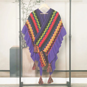 Bohemian Hippie Rainbow Knit Poncho Cape | Women's Oversized Tassel Shawl | One Size | Autumn/Winter Wraptop