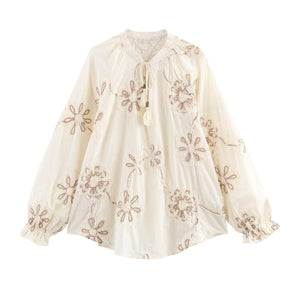 Women's Bohemian Embroidered Mini Dress | Vintage V - Neck Button Down A - Line Dress | Floral Lantern Sleeve | XS–L