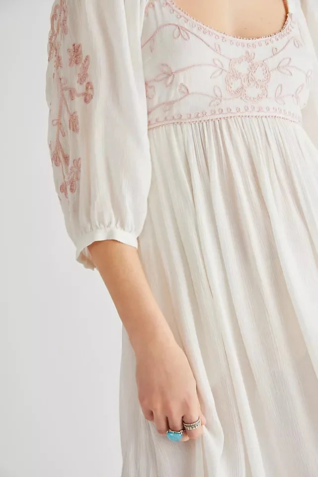 Bohemian Hippie Embroidered Midi Dress | Backless Cotton Blend Lantern Sleeve | Vintage Style | S–L | Blue, White, Purple