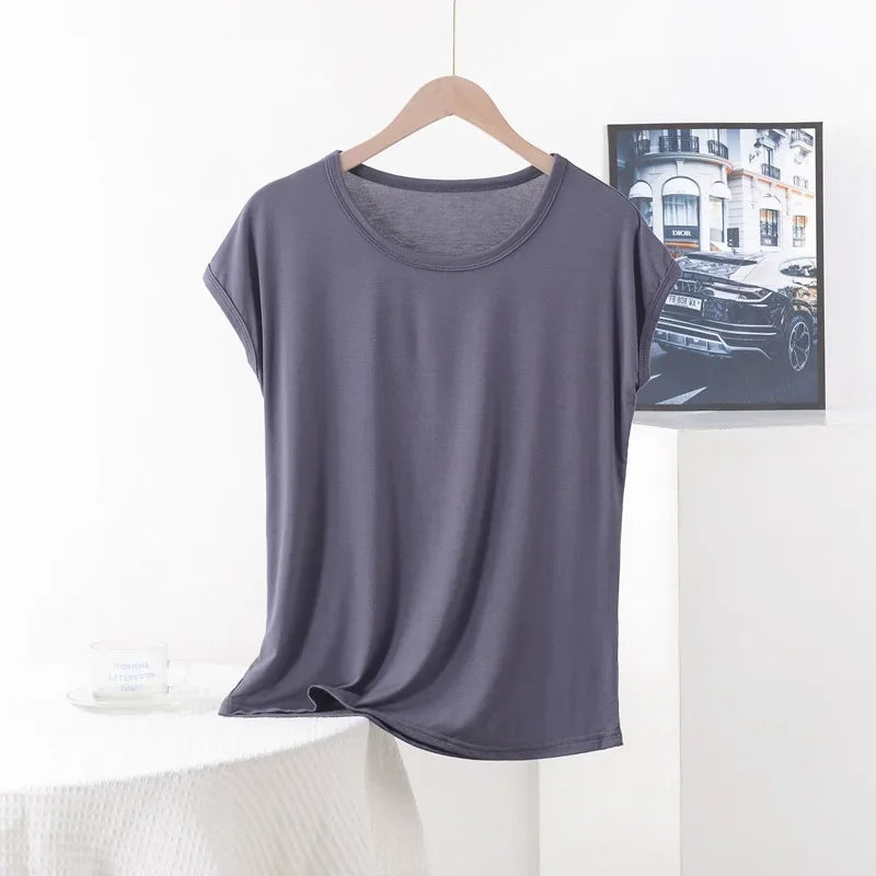 Plus Size Boho Casual Modal Tee | Lightweight O-Neck Solid Colour Summer T-Shirt (XL to 8XL)