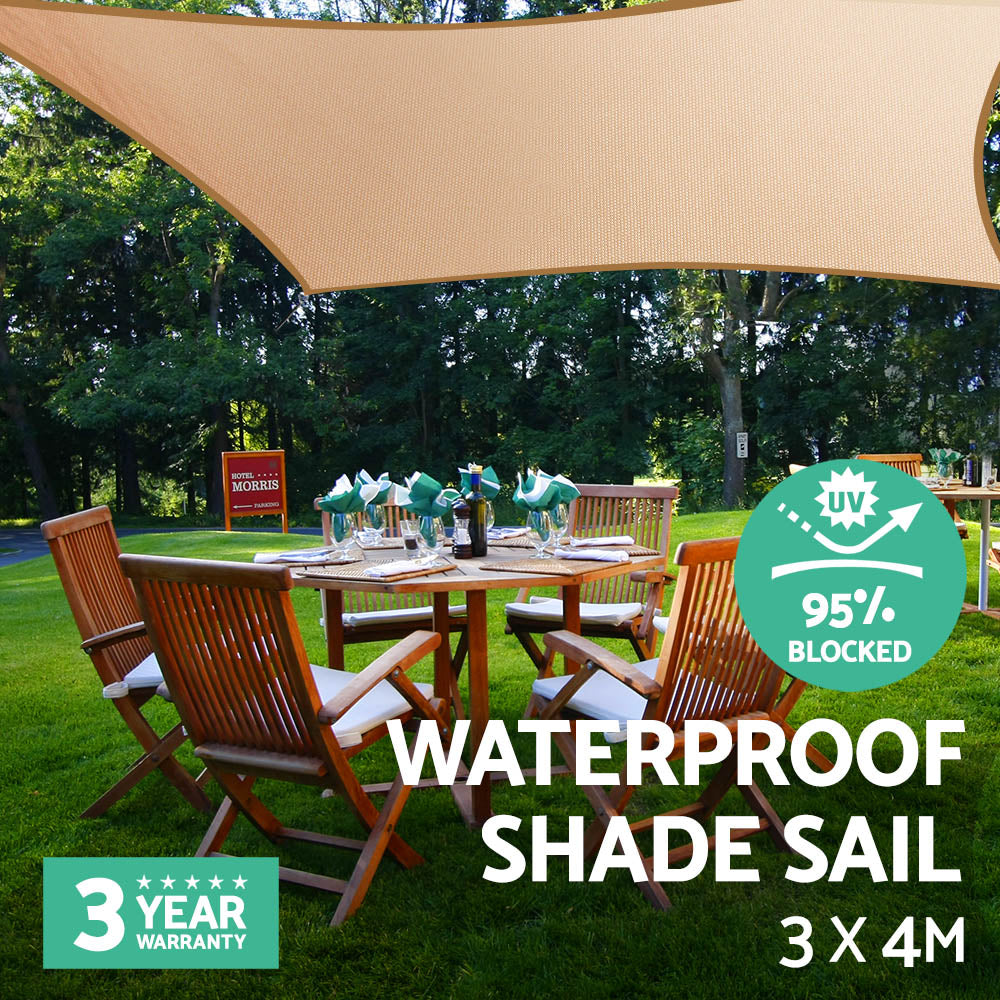 Waterproof Shade Sail | 3x4m | Rectangle | Sand | 95% Shade Cloth