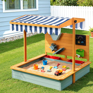 Kids Wooden Sandpit | 110cm | Canopy & Cover | Outdoor Sandbox | Green