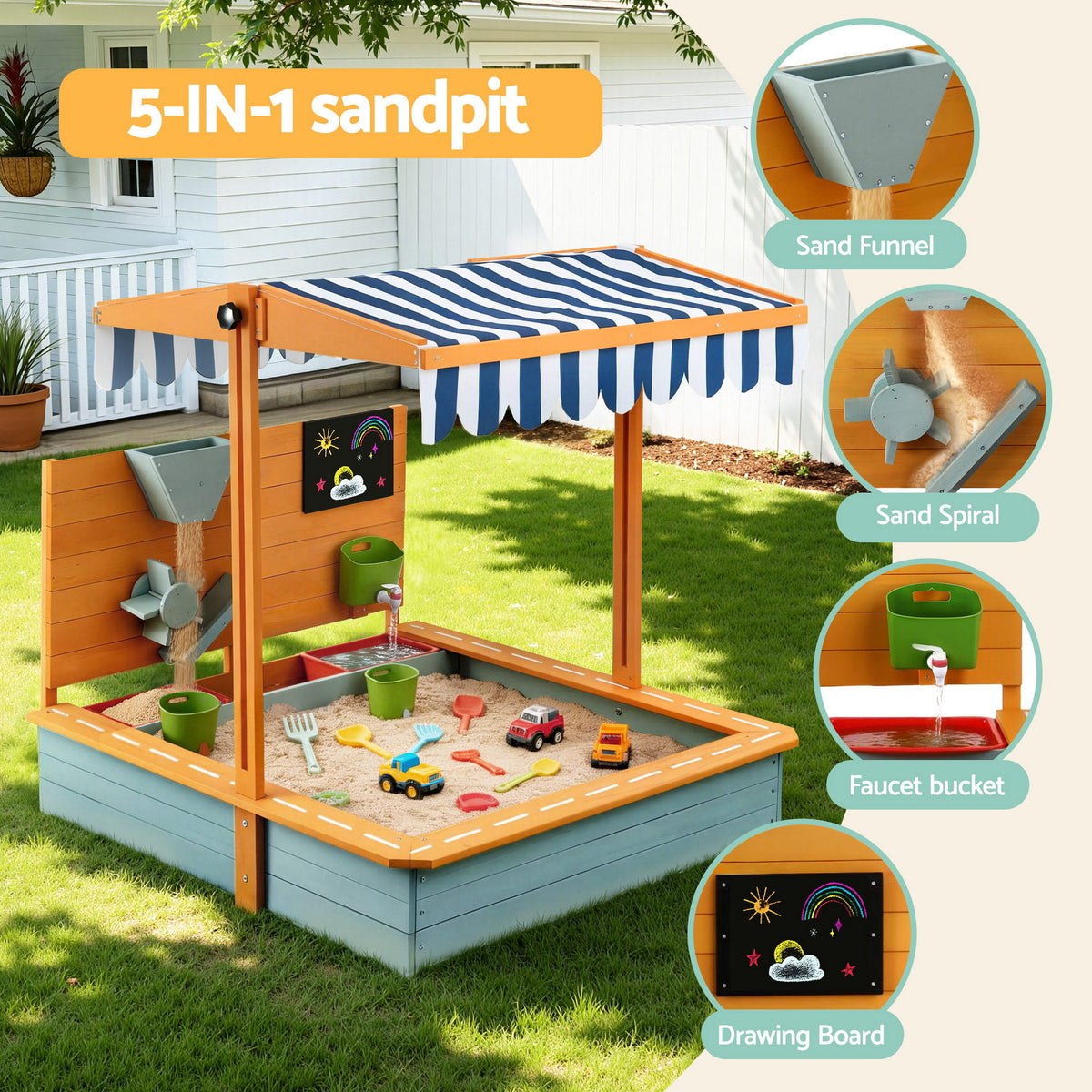 Kids Wooden Sandpit | 110cm | Canopy & Cover | Outdoor Sandbox | Green