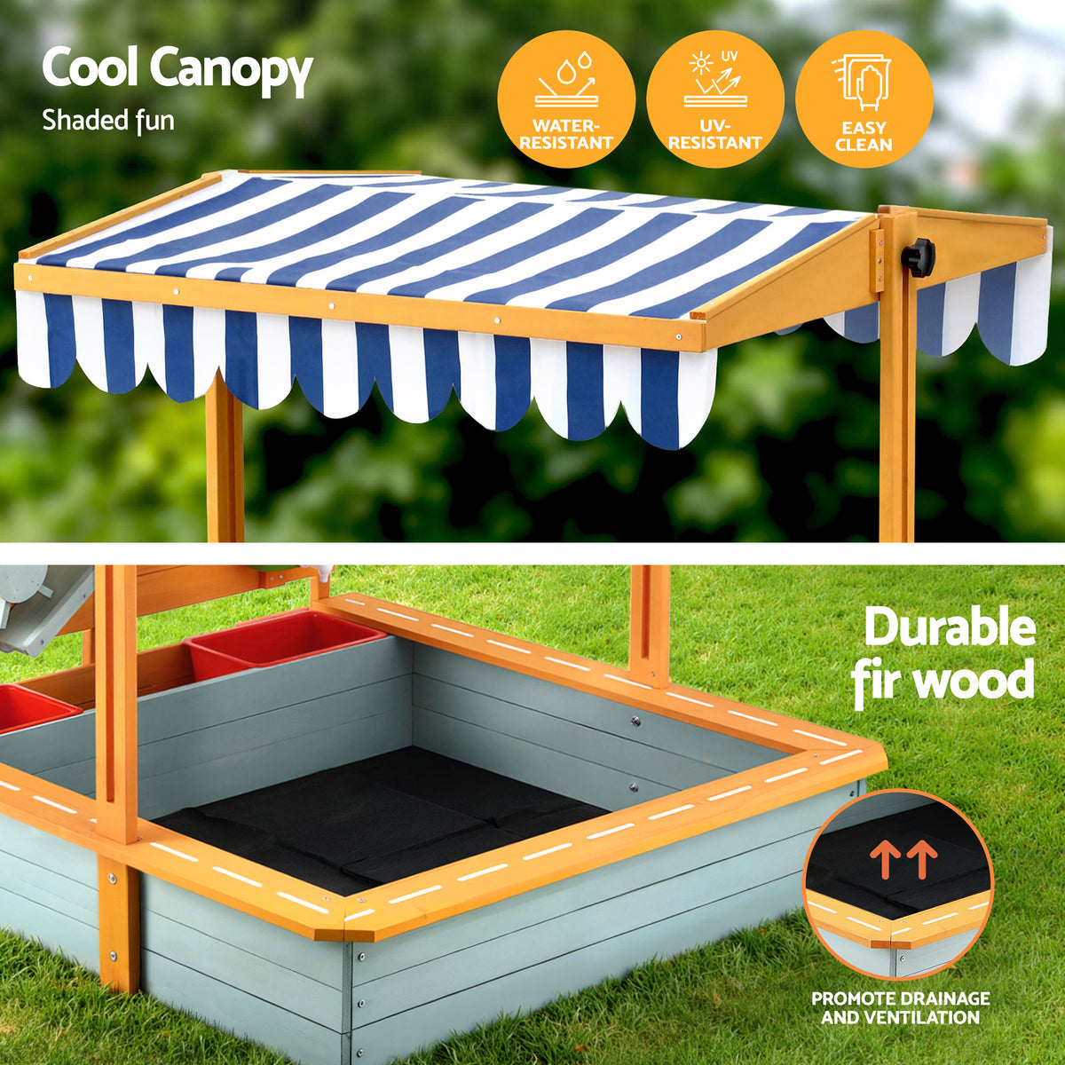 Kids Wooden Sandpit | 110cm | Canopy & Cover | Outdoor Sandbox | Green