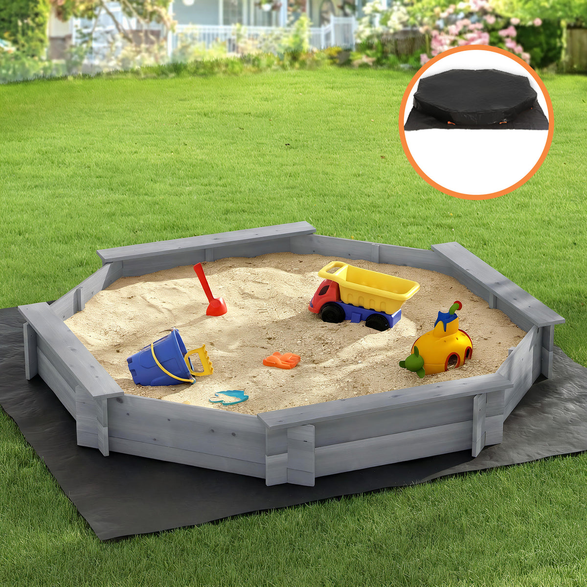 Kids Wooden Sandpit | Round 182cm | Bench Seat & Cover | Outdoor Play | Grey