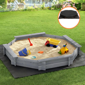 Kids Wooden Sandpit | Round 182cm | Bench Seat & Cover | Outdoor Play | Grey