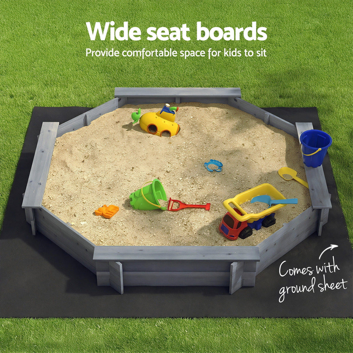Kids Wooden Sandpit | Round 182cm | Bench Seat & Cover | Outdoor Play | Grey