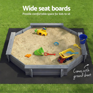 Kids Wooden Sandpit | Round 182cm | Bench Seat & Cover | Outdoor Play | Grey