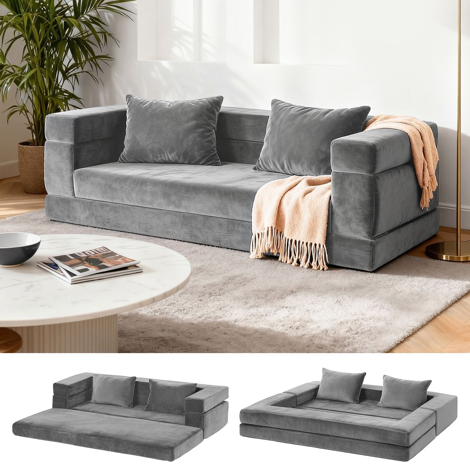Convertible Sofa Bed | Folding Pull-Out Mattress Lounge Couch | Grey