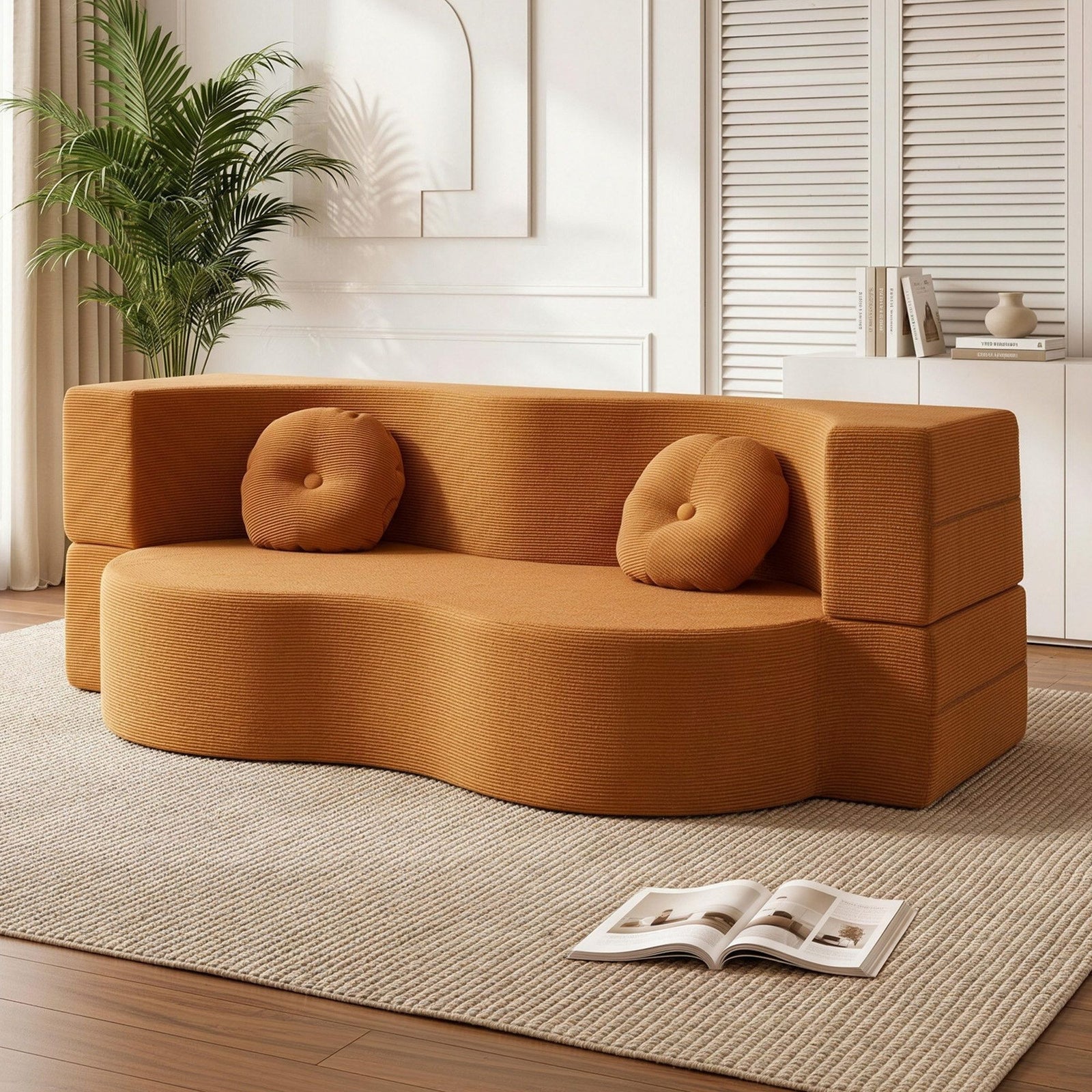 Folding Sofa Bed | 2-In-1 Convertible Futon Loveseat | Orange