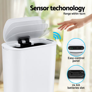 Devanti Automatic Trash Bin with Lid 21L Motion Sensor Kitchen Bin Touchless Garbage Can Plastic Slim Rubbish Bin with Liner Holder for Kitchen, Home, Office, White