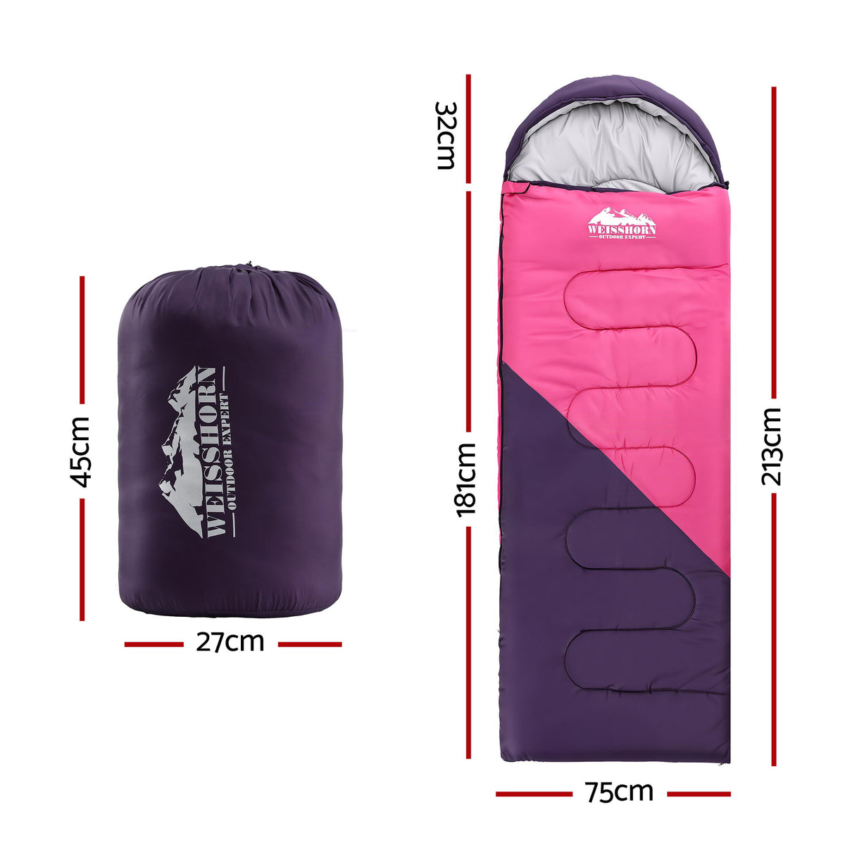 Single Sleeping Bag 213cm | Thermal Camping & Hiking | Pink