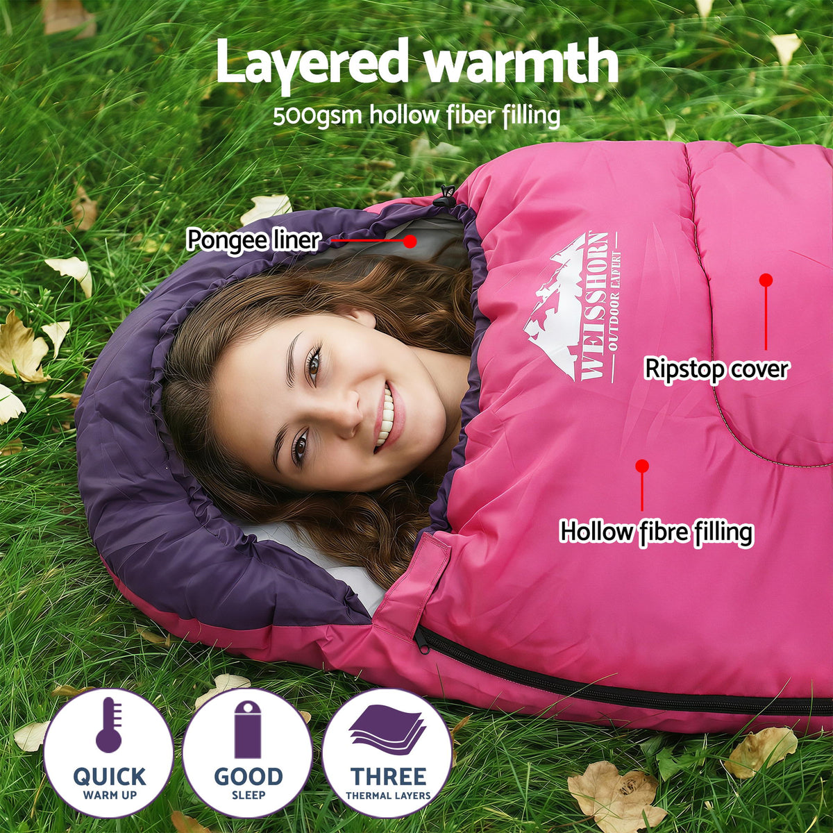 Single Sleeping Bag 213cm | Thermal Camping & Hiking | Pink