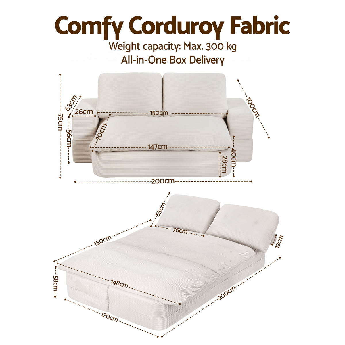 Folding Sofa Bed | High Density Foam | Corduroy Sleeper Couch | Beige