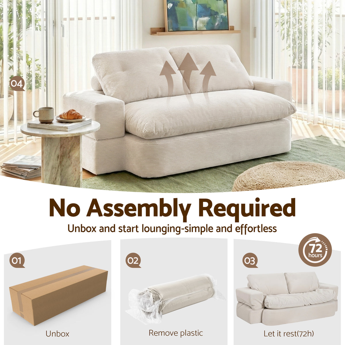 Folding Sofa Bed | High Density Foam | Corduroy Sleeper Couch | Beige