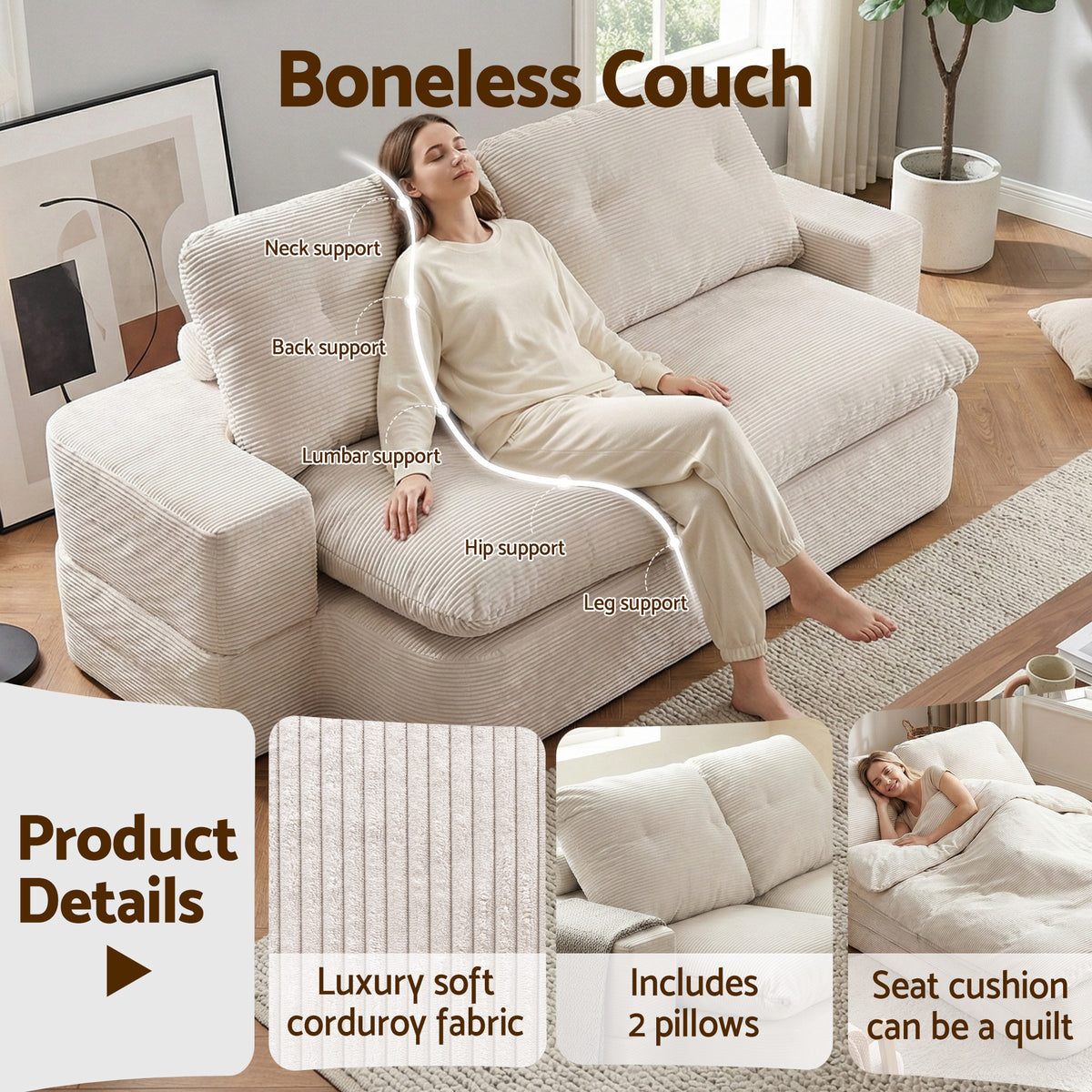 Folding Sofa Bed | High Density Foam | Corduroy Sleeper Couch | Beige