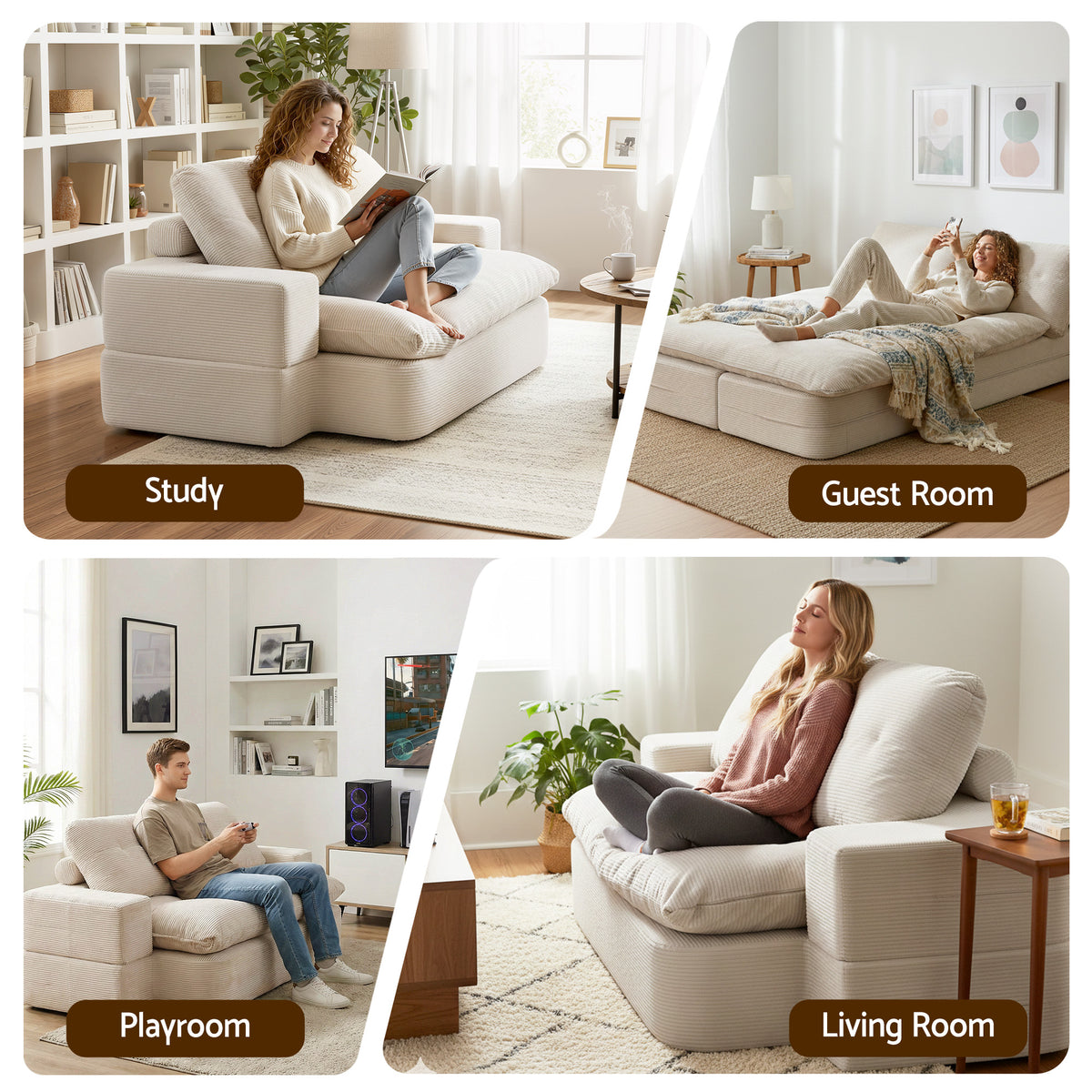 Folding Sofa Bed | High Density Foam | Corduroy Sleeper Couch | Beige