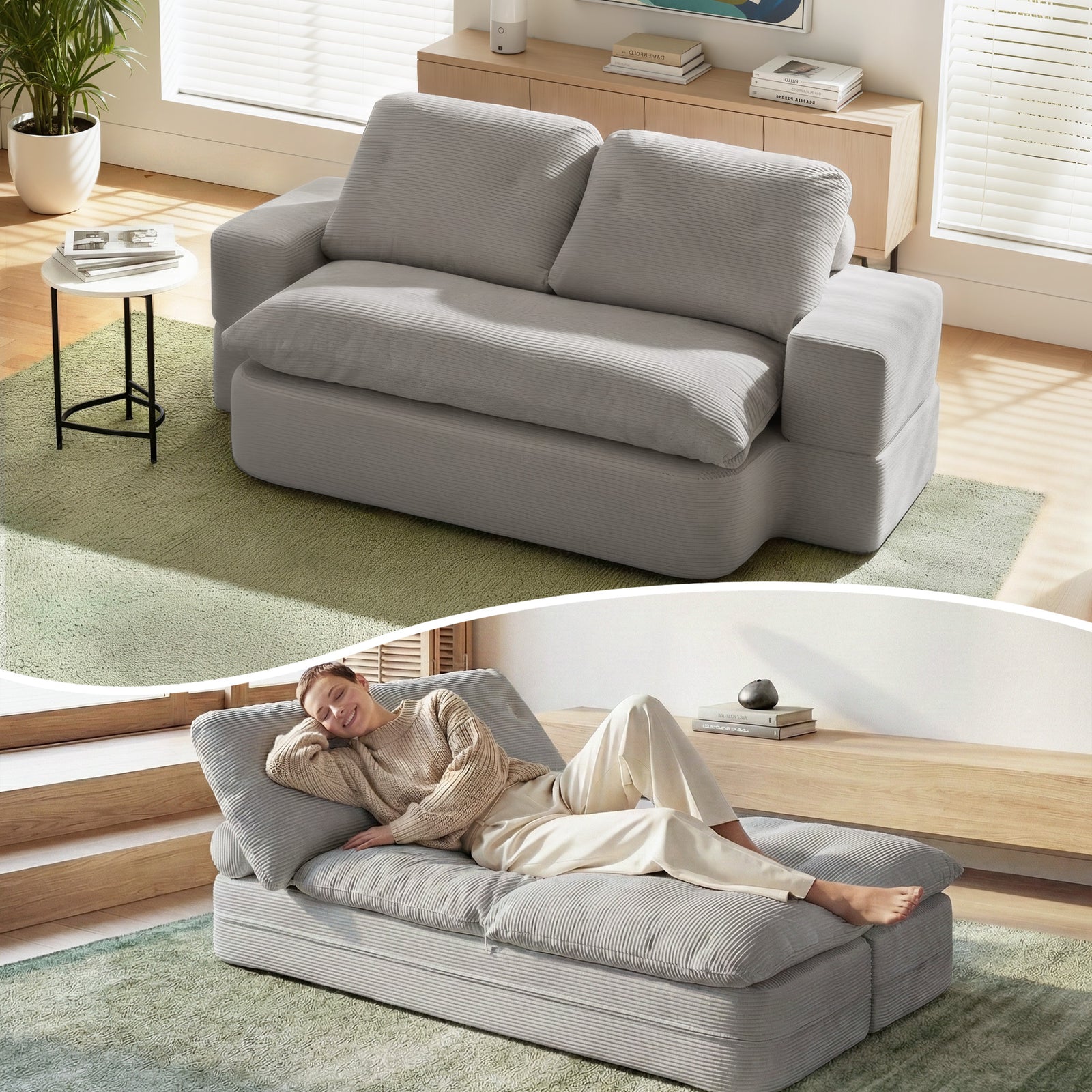 Folding Sofa Bed | High Density Foam | Corduroy Sleeper Couch | Grey