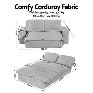Folding Sofa Bed | High Density Foam | Corduroy Sleeper Couch | Grey