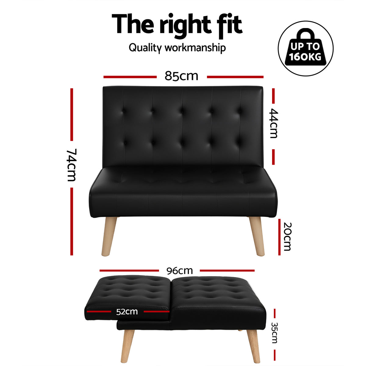 Sofa Bed | 1 Seater | Fabric Lounge Chair | Black