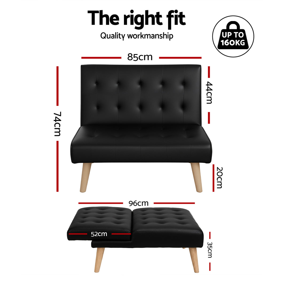 Sofa Bed | 2 Seater | Fabric Couch | Black