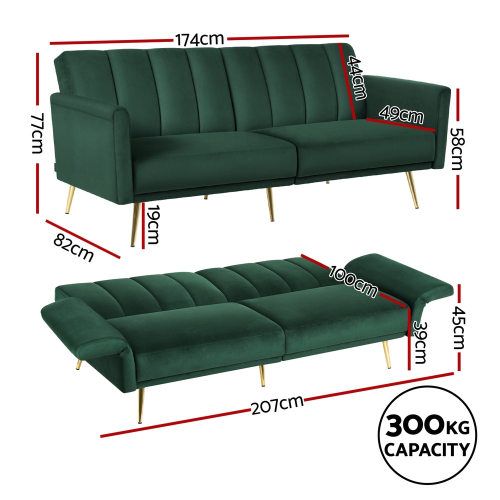 Artiss Sofa Bed | 3 Seater Couch | Convertible with Adjustable Arms | Velvet