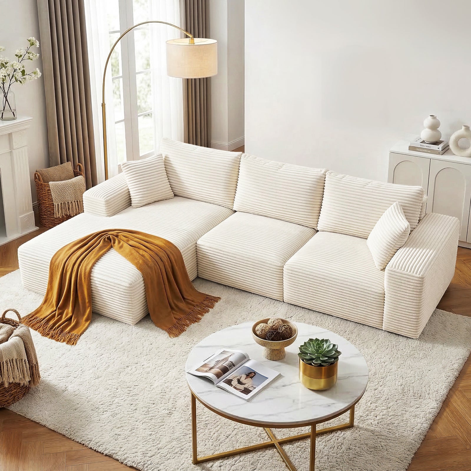 Modular Sofa Bed | 3 Seater Corduroy Sectional Couch | White