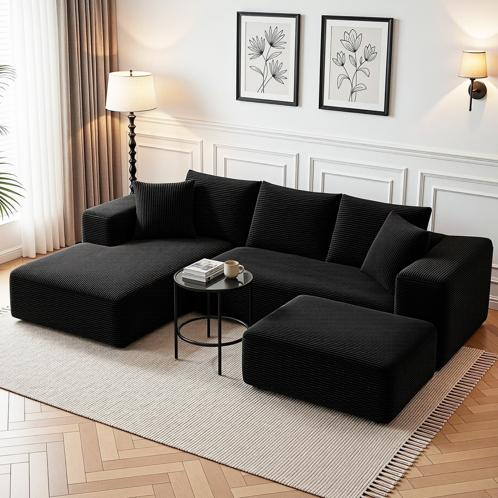 Modular Sofa Bed | Corduroy Sectional Couch with Ottoman | Black