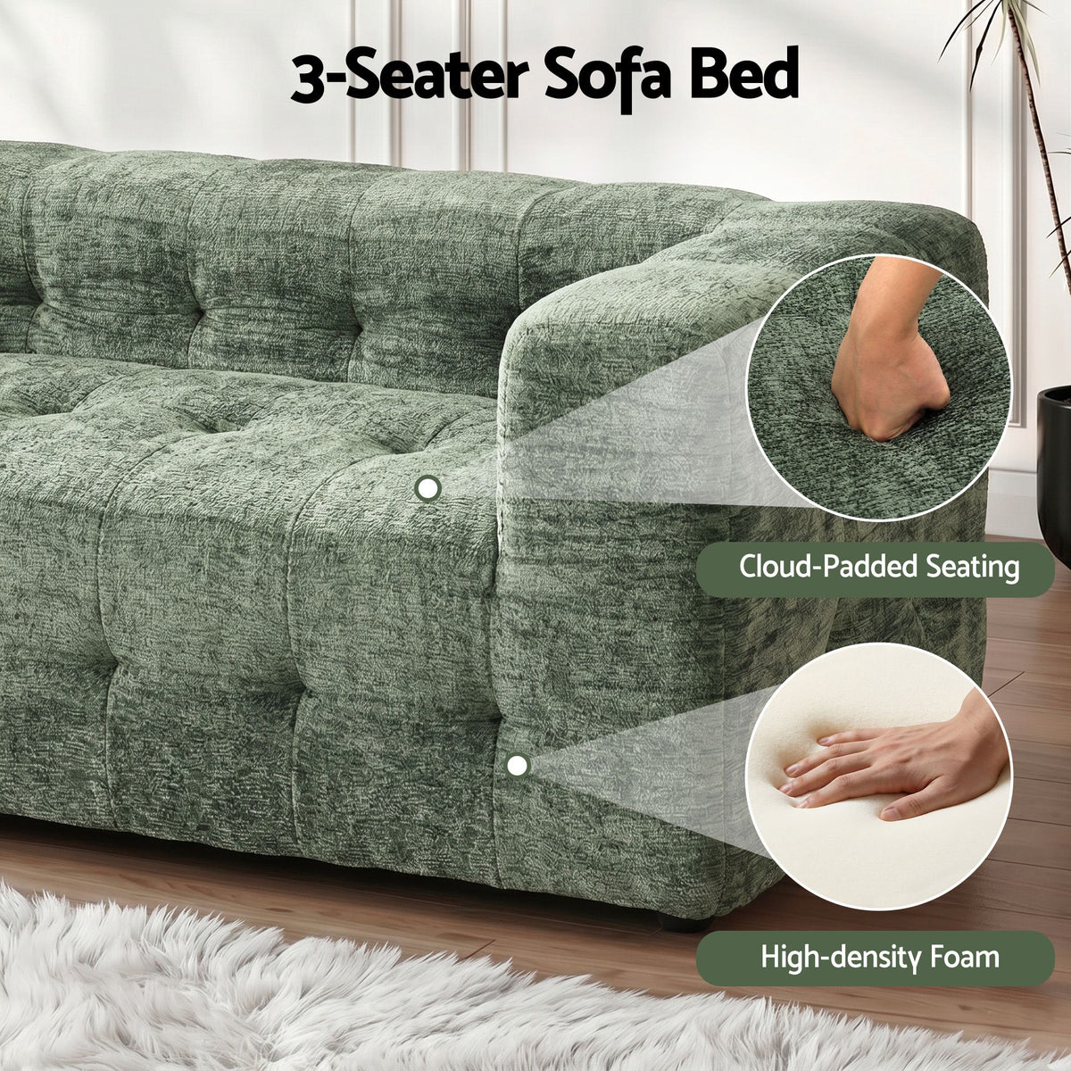 Artiss Comfort Boneless Sofa for Living Room Green Luxury Chenille