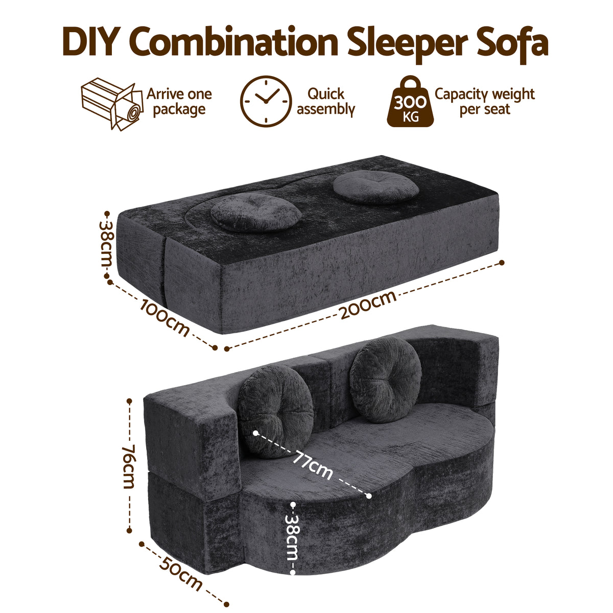 Artiss 2 in 1 Convertible Compressed Sofa Bed, Folding Boneless Sofabed for Living Room ,Comfort Curved Sleeper Couch with High Density Sponge, Apartment Essentials, No Assembly, 2 Pillows, Grey