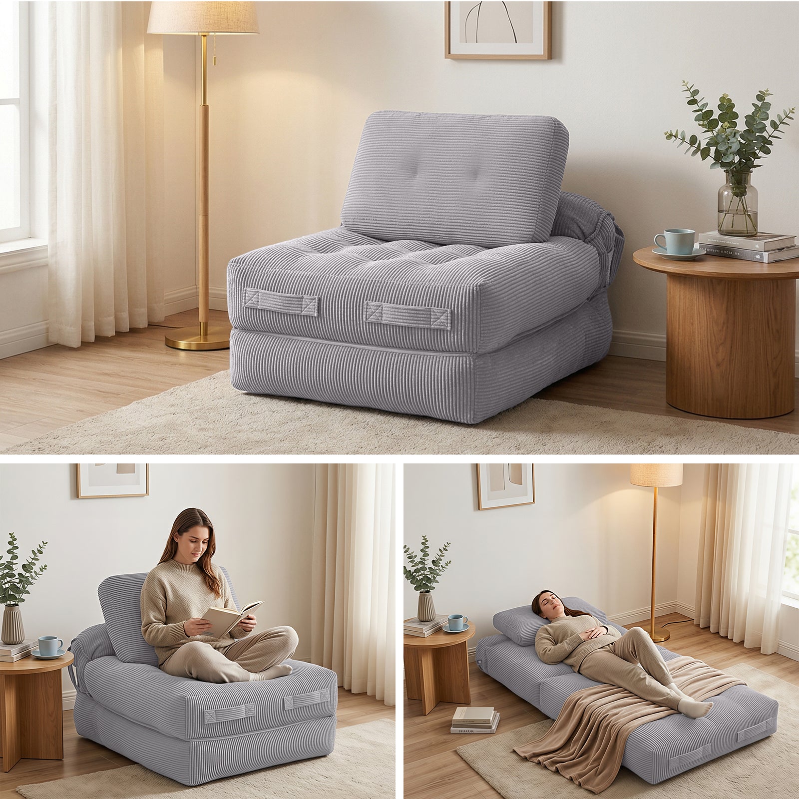 Corduroy Convertible Sofa Bed | 1 Seater Pull Out Couch | Grey