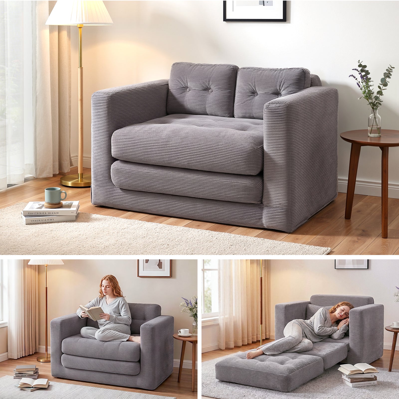 Corduroy Convertible Sofa Bed | 2 Seater Pull Out Couch | Grey