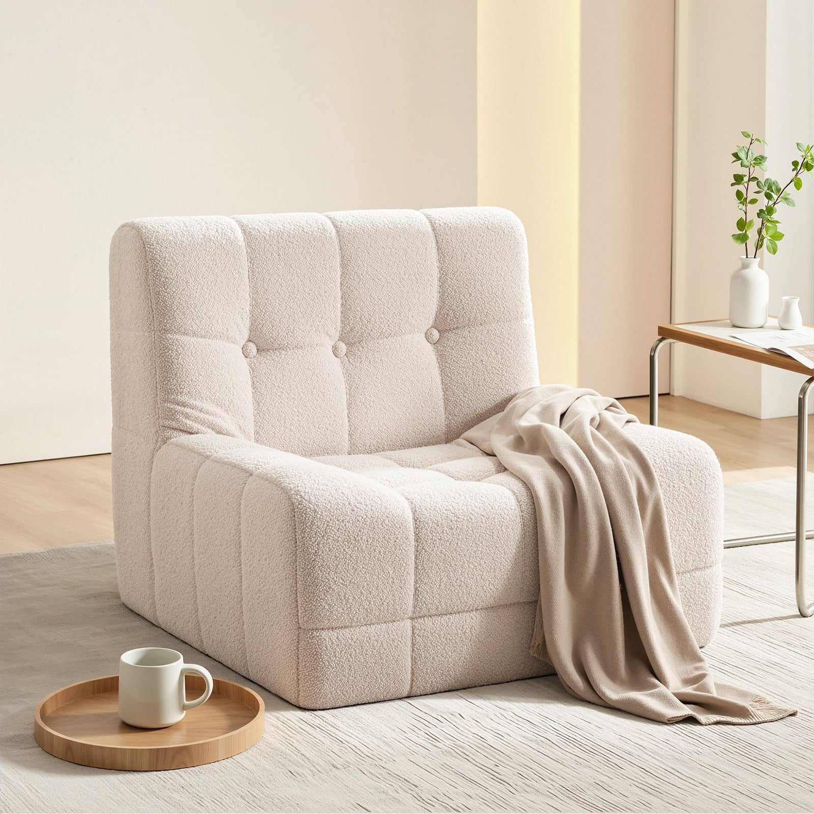 Single Boneless Couch | Compact Fabric Living Room Sofa | White