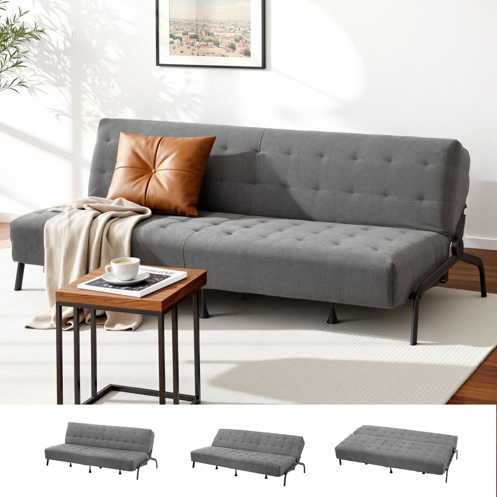Sofa Bed | 1.9m 3-Seater Adjustable Futon Couch | Grey