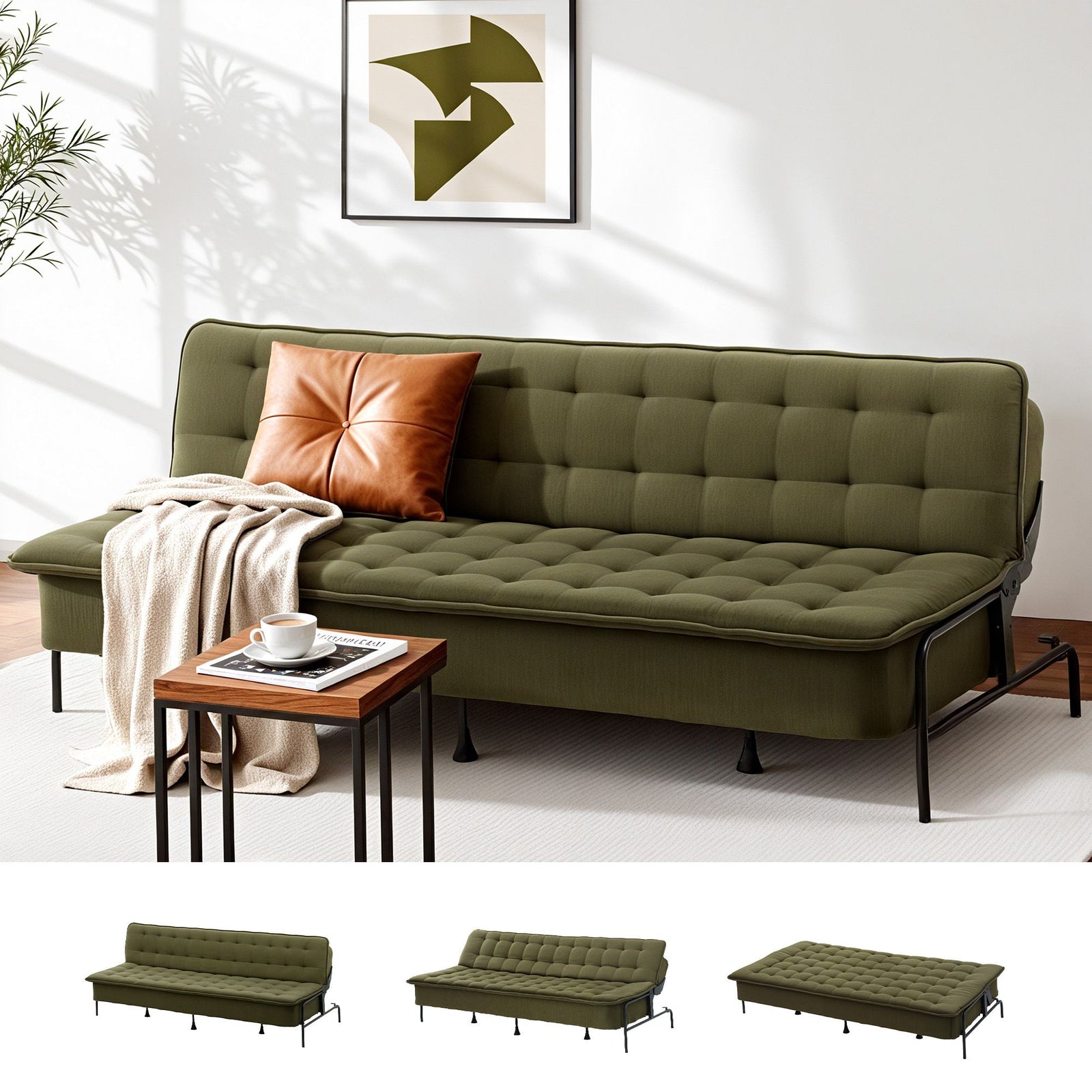 Sofa Bed | 1.9m 3-Seater Adjustable Futon Couch | Green