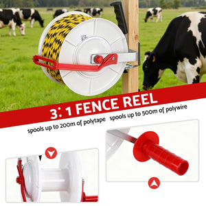Electric Fence Reel | Geared | Portable Polywire Winder | White