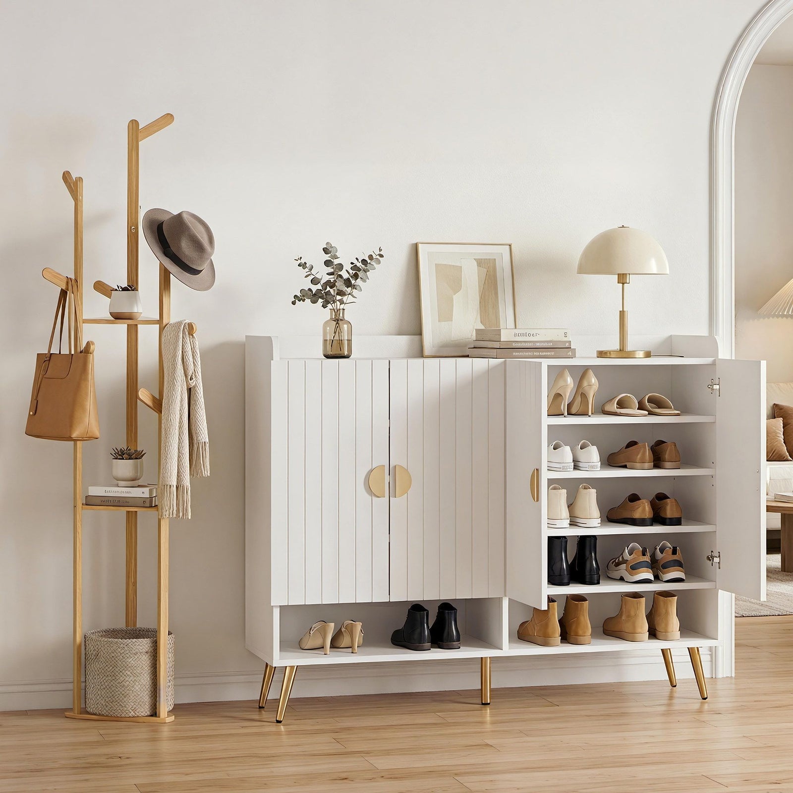 Shoe Rack Cabinet & Clothes Rack Set | Storage Shelf | White & Pine
