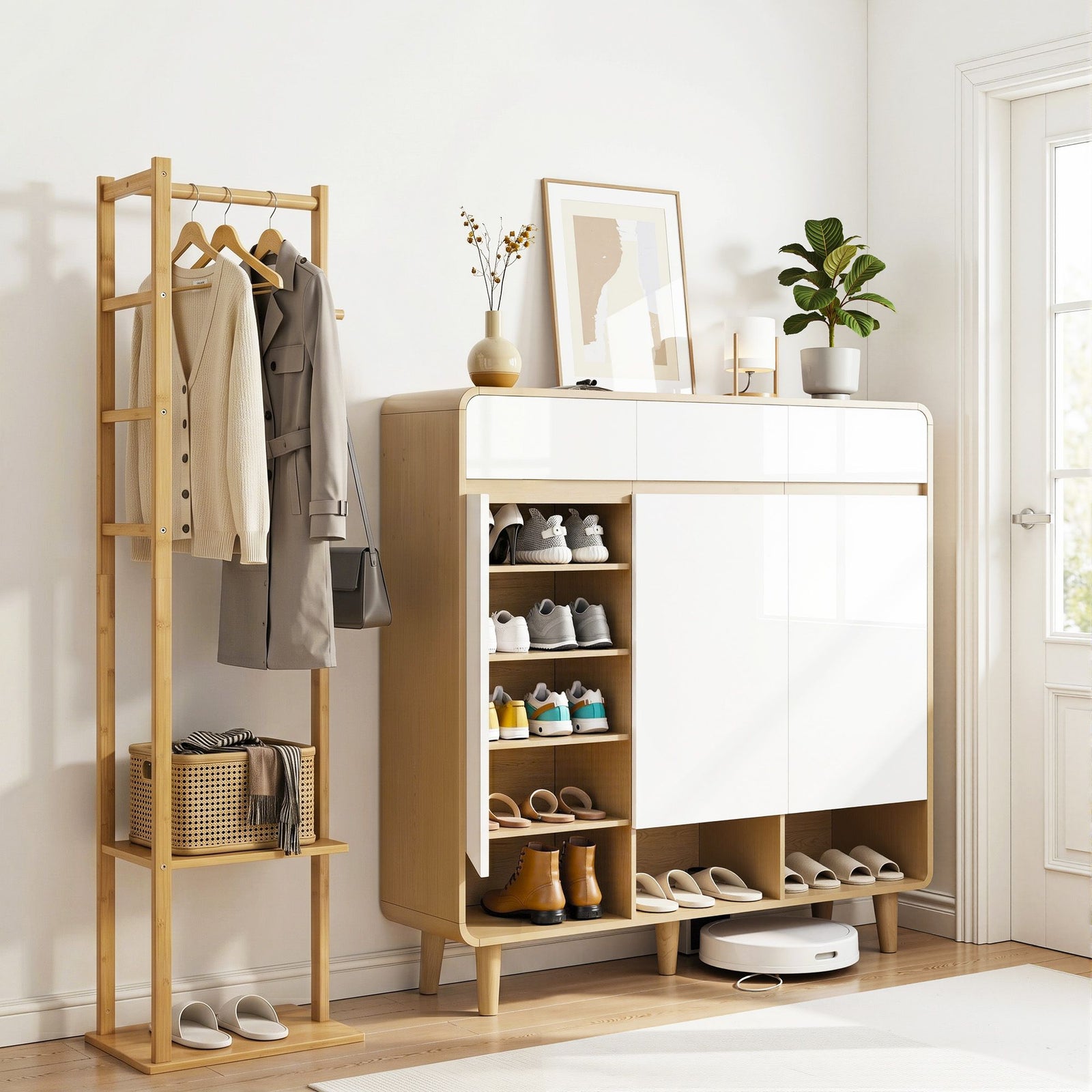 Shoe Rack Cabinet & Bamboo Clothes Rack Set | Storage Shelf | White & Pine