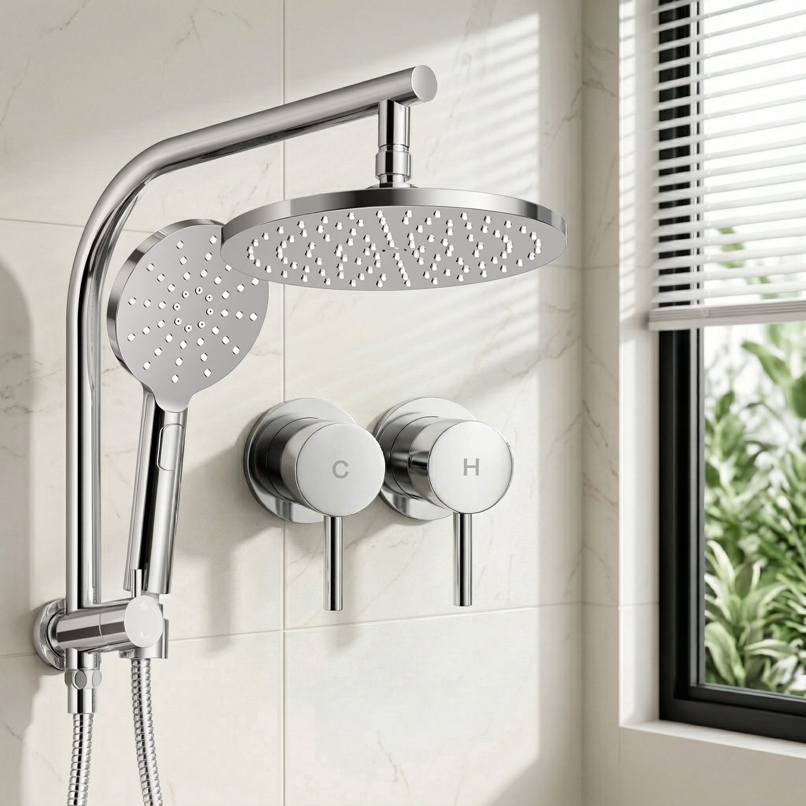 Rain Shower Head Set | 9 Inch Round Handheld Shower with Twin Tap | Chrome