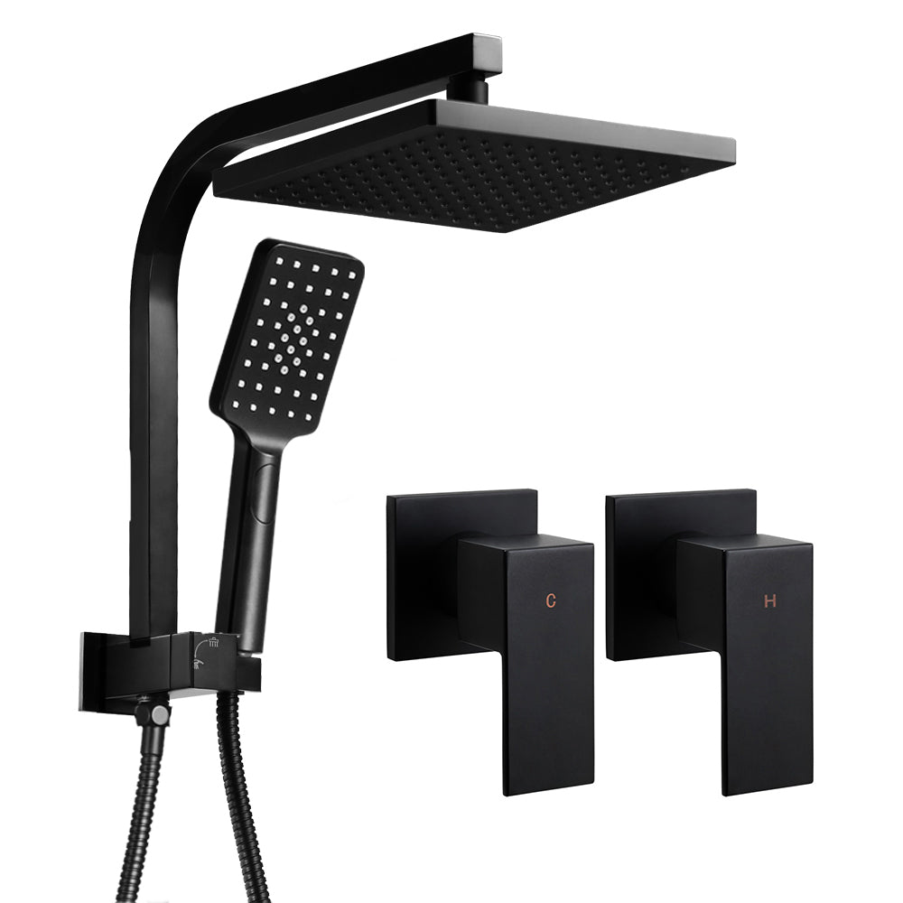 8'' Rain Shower Head Set | Handheld Round High Pressure | Twins Tap | Black