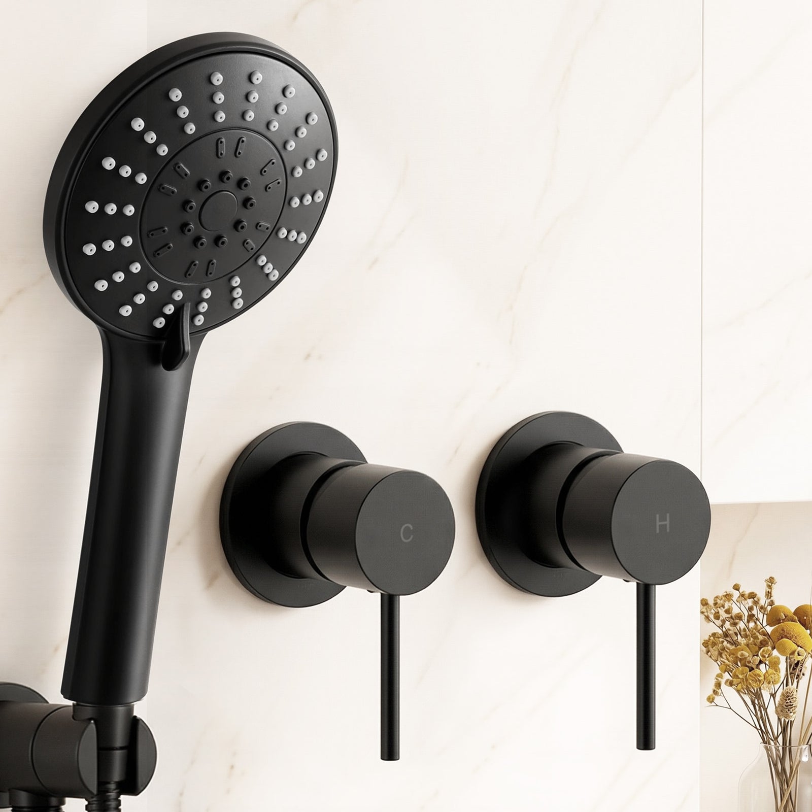 Handheld Shower Head Set | 4.5 Inch Round Spray with Twin Swivel Tap