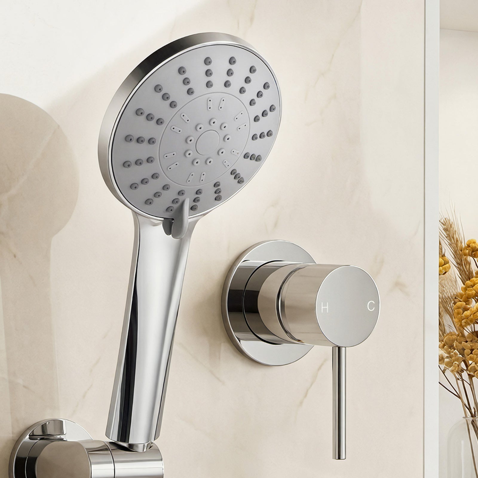 Handheld Shower Head Set | 4.5 Inch Round Spray with Wall Mixer | Silver
