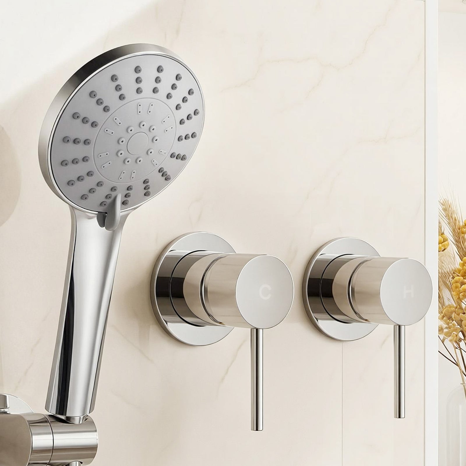Handheld Shower Head Set | 4.5 Inch Round Spray with Twin Swivel Tap | Silver