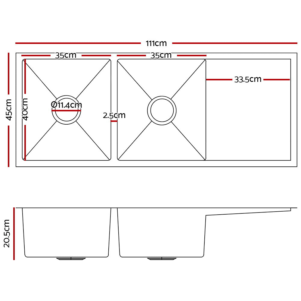 Cefito | Kitchen Sink | 111X45CM | Stainless Steel Basin | Double Bowl | Silver