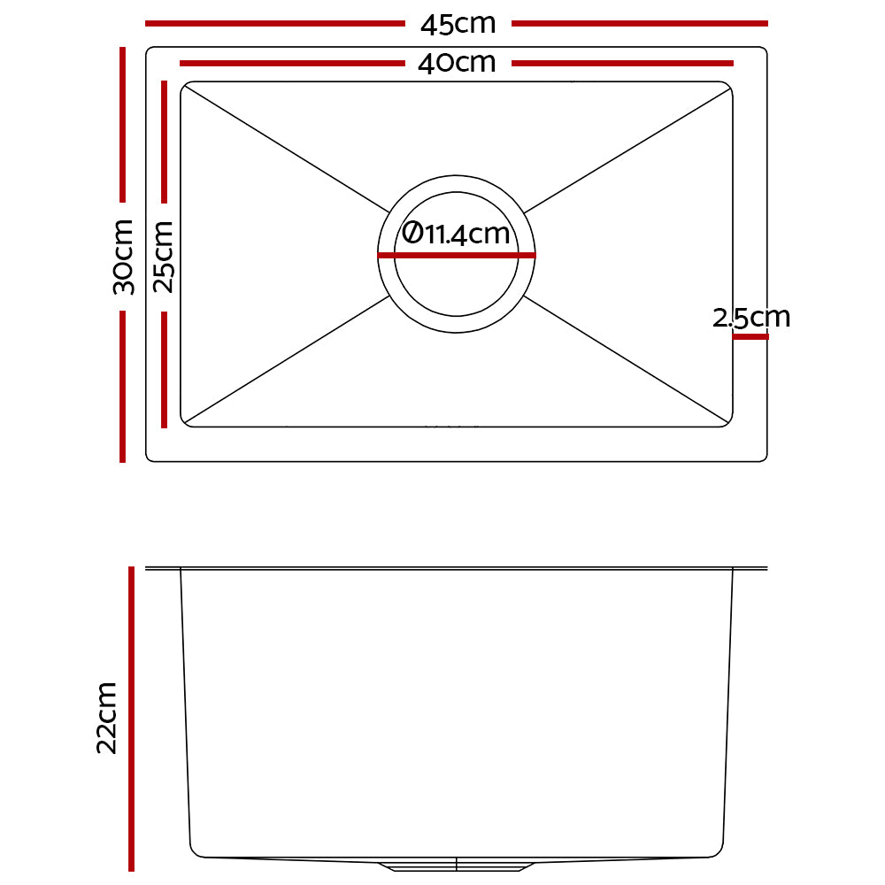 Cefito | Kitchen Sink | 45X30CM | Stainless Steel Basin | Single Bowl | Silver