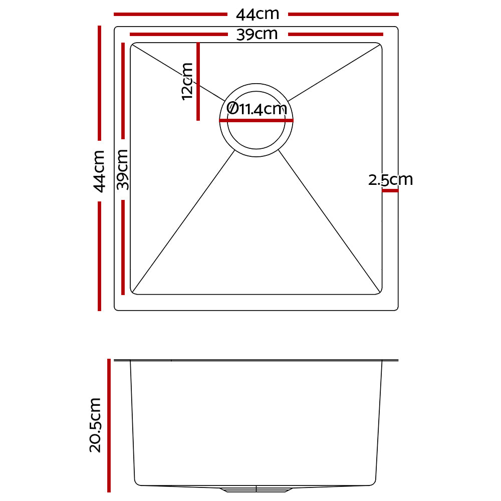 Cefito | Kitchen Sink | 44X44CM | Stainless Steel Basin | Single Bowl | Silver