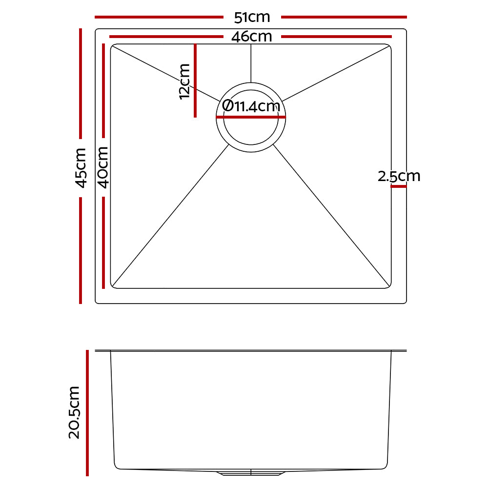 Cefito | Kitchen Sink | 51X45CM | Stainless Steel Basin | Single Bowl | Silver