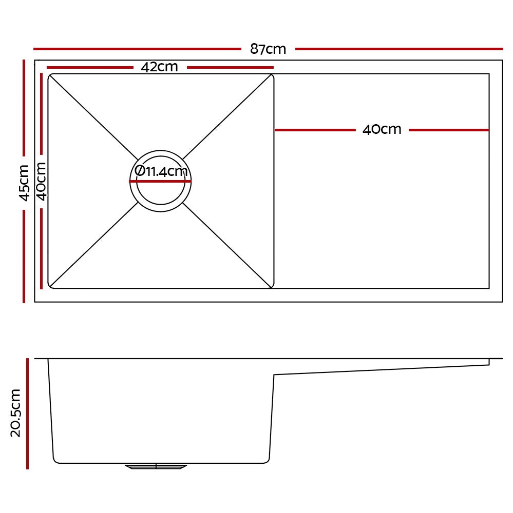 Cefito | Kitchen Sink | 87X45CM | Stainless Steel Basin | Single Bowl | Silver